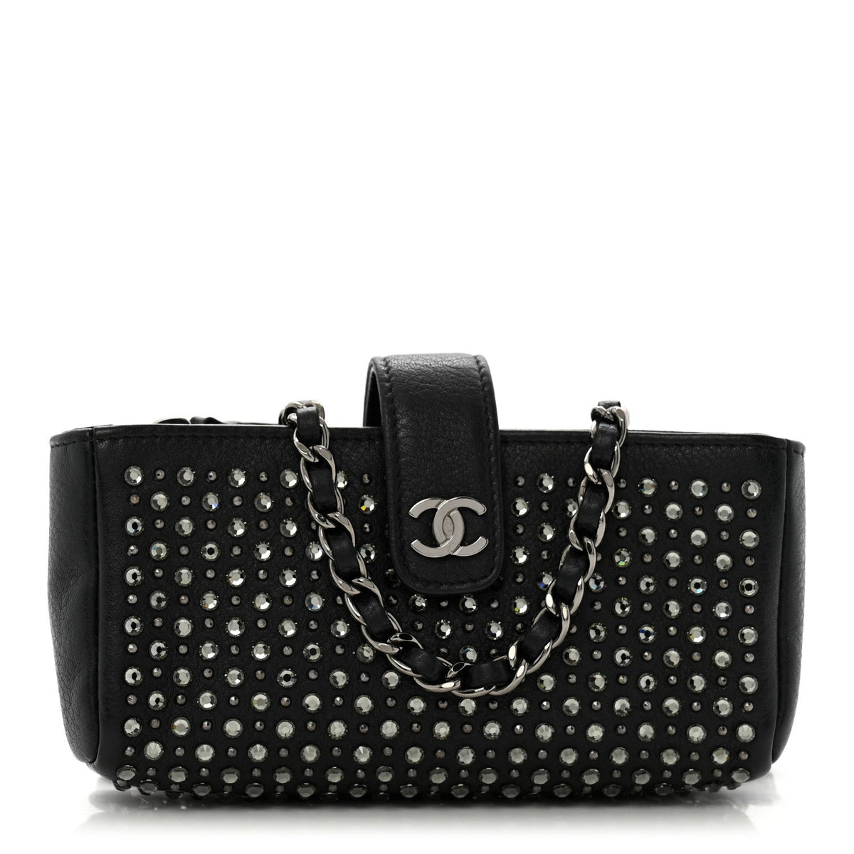 Calfskin Strass Studded Mini Phone Holder Clutch Black