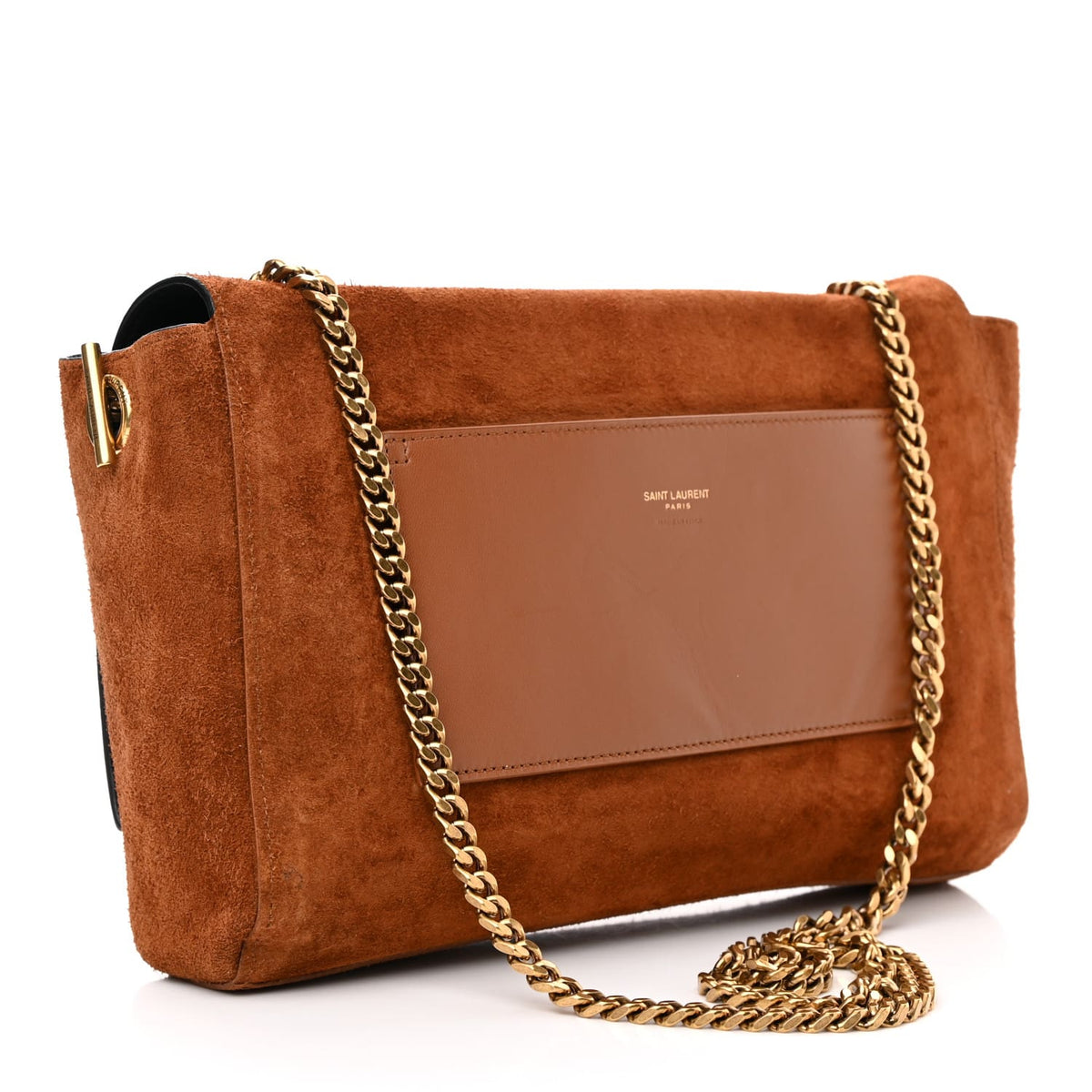Saint Laurent  Calfskin Crocodile Embossed Suede Medium Reversible Monogram Kate Satchel Military Taupe