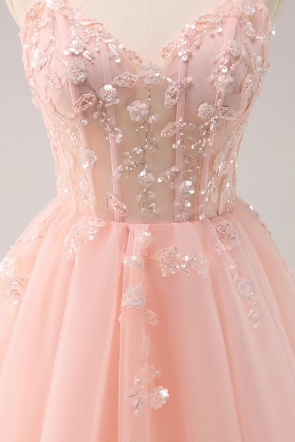 Vintage Pink 3D Flowers Design A-line Sleeveless Spaghetti Strap Homecoming Dress , D1369
