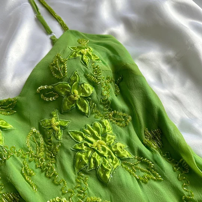 Green Spaghetti Straps Ruffles Sheath Vintage Long Party Dress MD7499