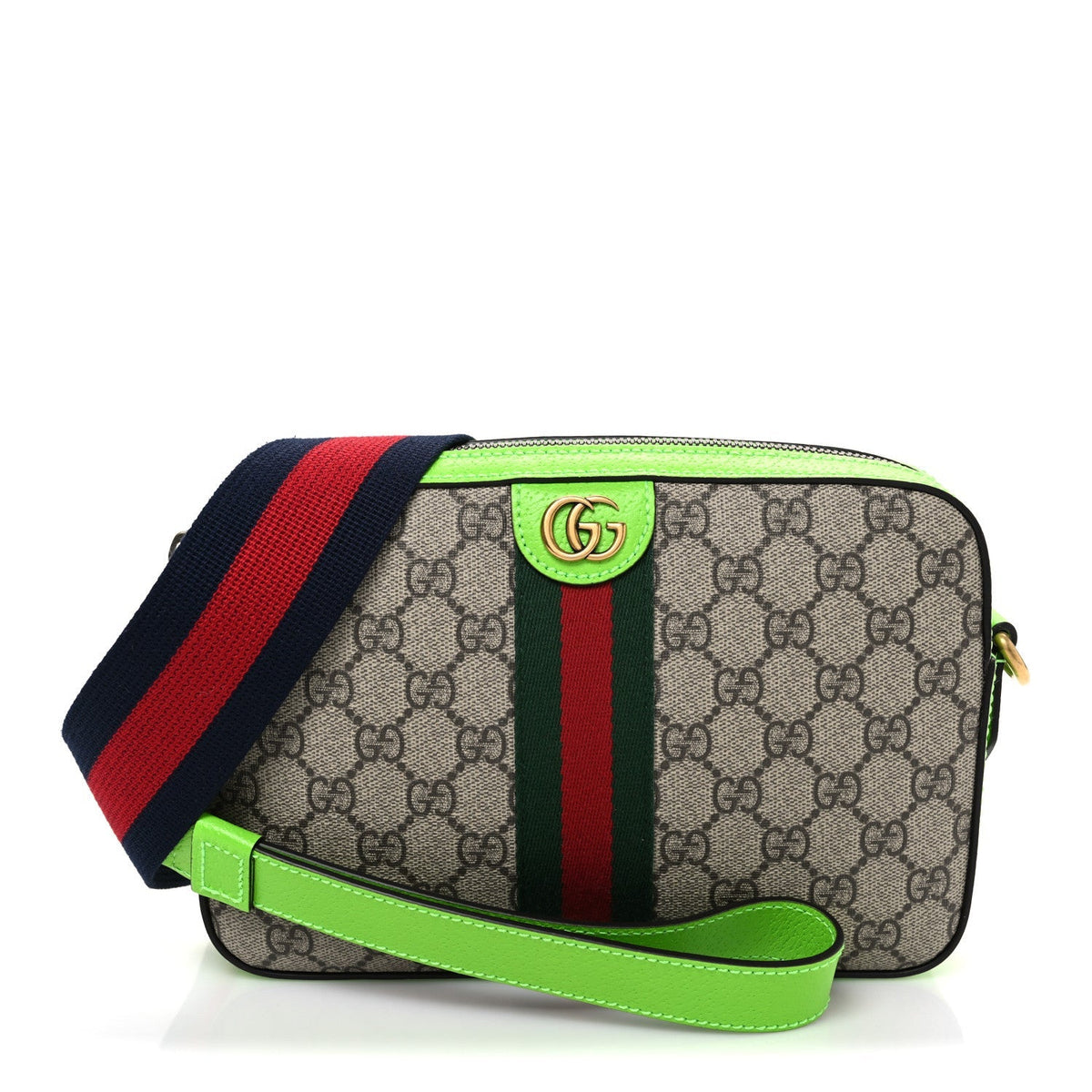 GG Supreme Monogram Textured Dollar Calfskin Web Ophidia Wristlet Shoulder Bag Beige Ebony Green