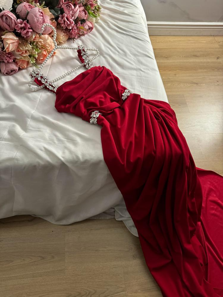 Wine Red Spaghetti Straps Sheath Long Evening Party Dress MD7367