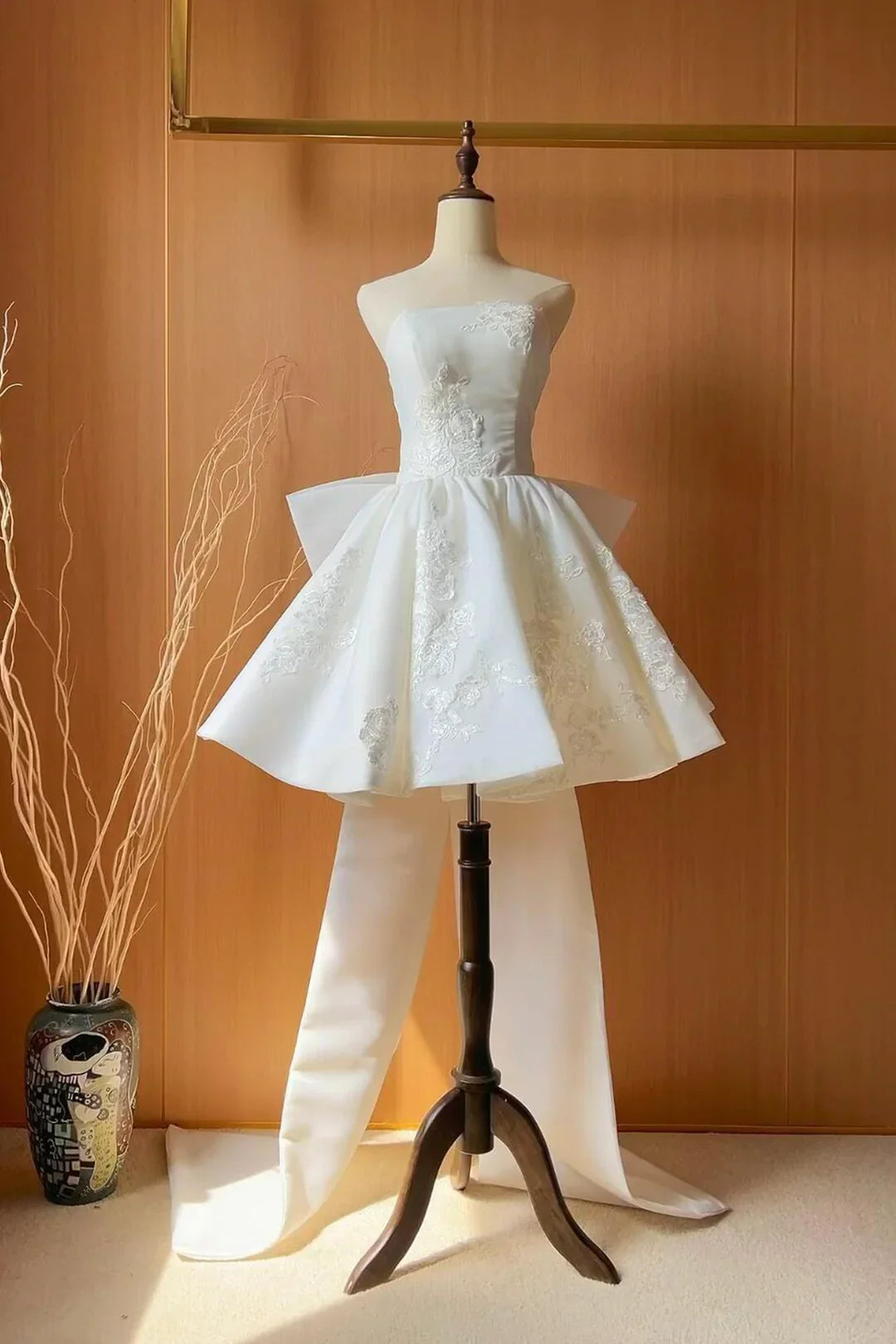 Charming Homecoming Dress Strapless Applique Bowknot Short Prom Dress Back to School Outfits Party Dress  D6034