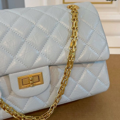 CHANEL 2.55 HANDBAG GOLD TONE METAL LIGHT BLUE 25CM