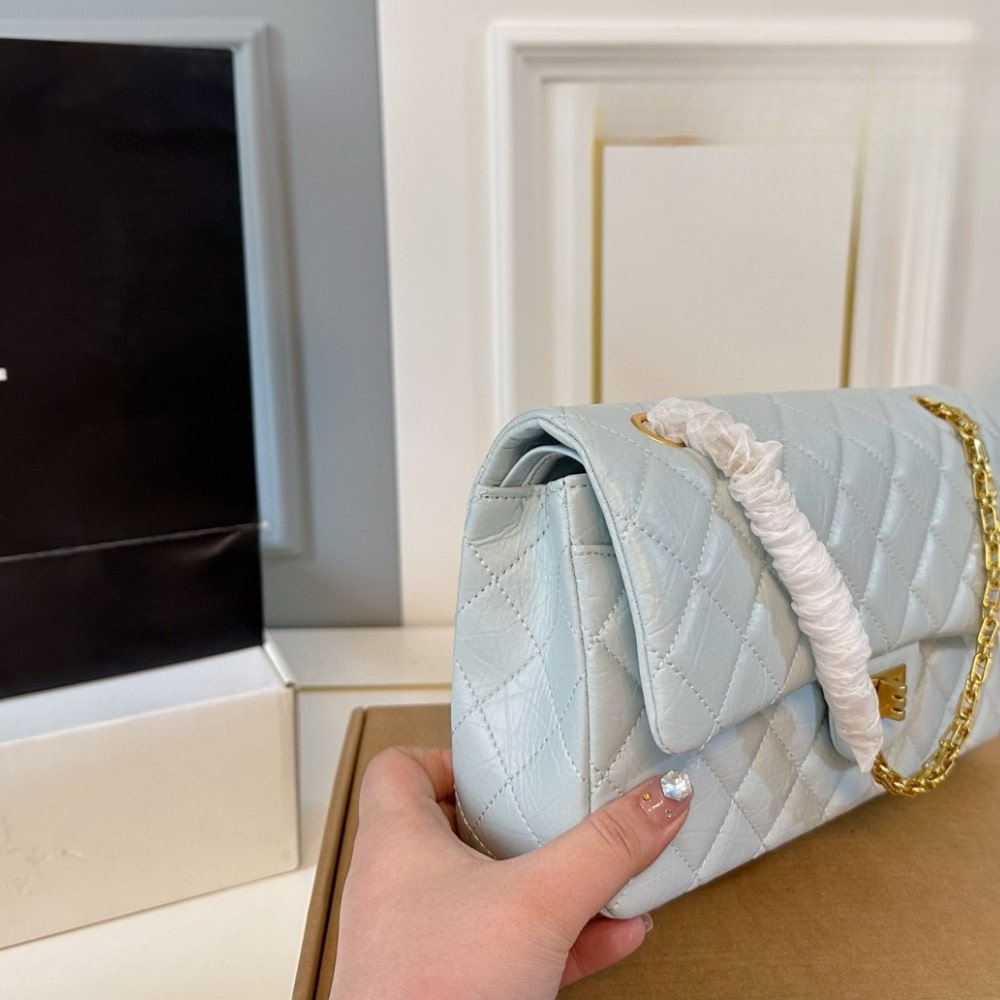 CHANEL 2.55 HANDBAG GOLD TONE METAL LIGHT BLUE 25CM