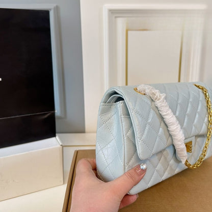 CHANEL 2.55 HANDBAG GOLD TONE METAL LIGHT BLUE 25CM