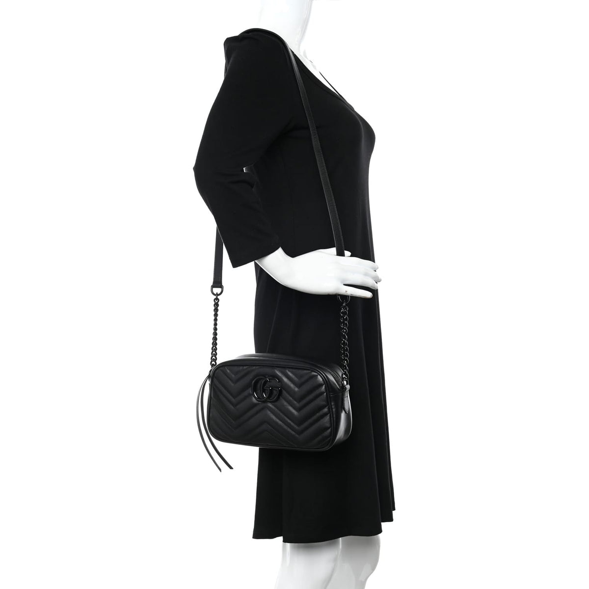 Gucci Calfskin Matelasse Monochrome Small GG Marmont Chain Shoulder Bag Black