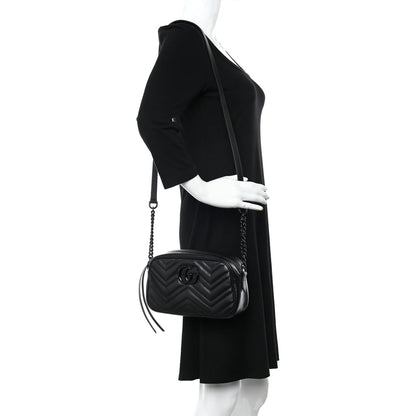 Gucci Calfskin Matelasse Monochrome Small GG Marmont Chain Shoulder Bag Black