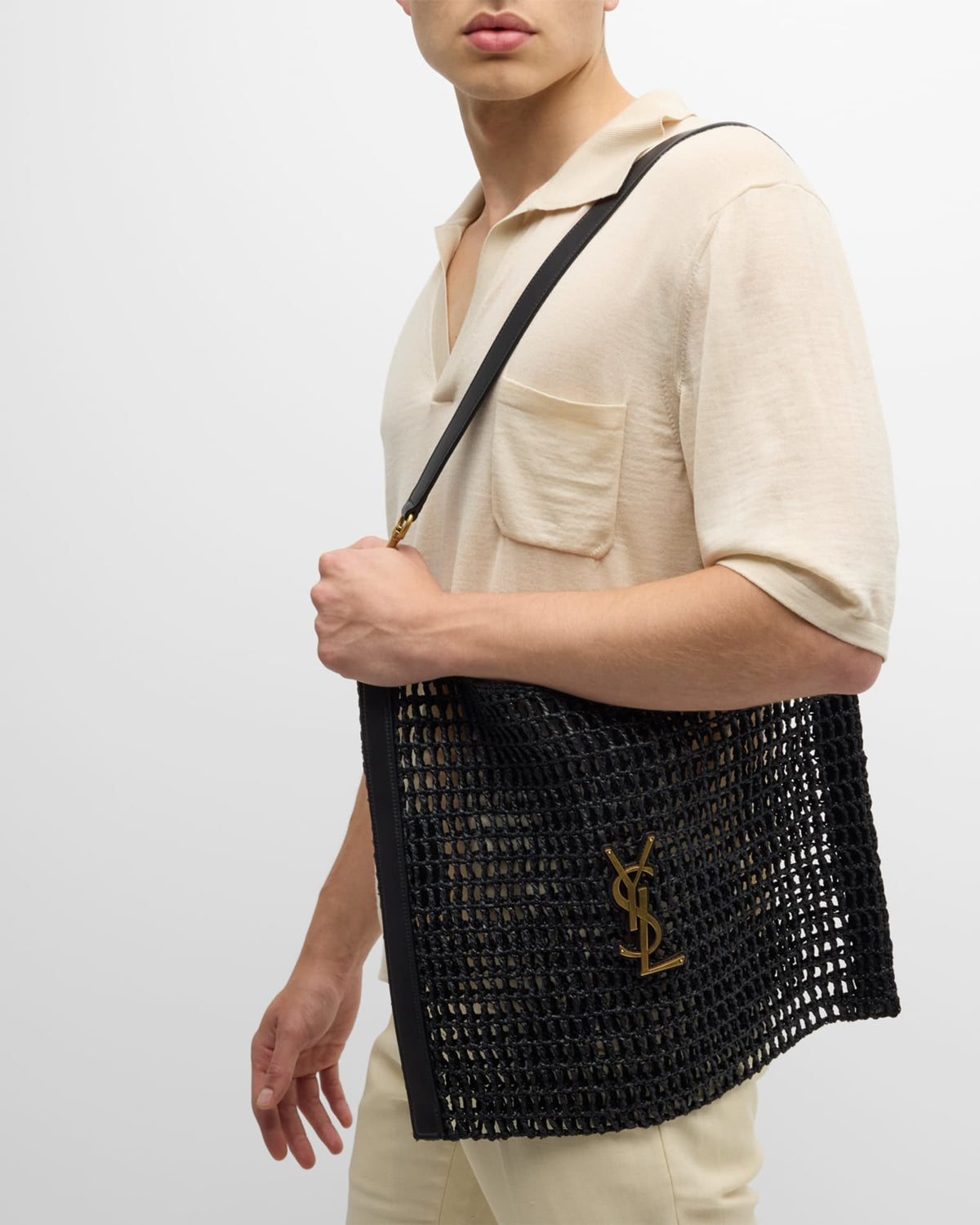 Saint Laurent Xalis YSL Shoulder Bag in Raffia Macrame