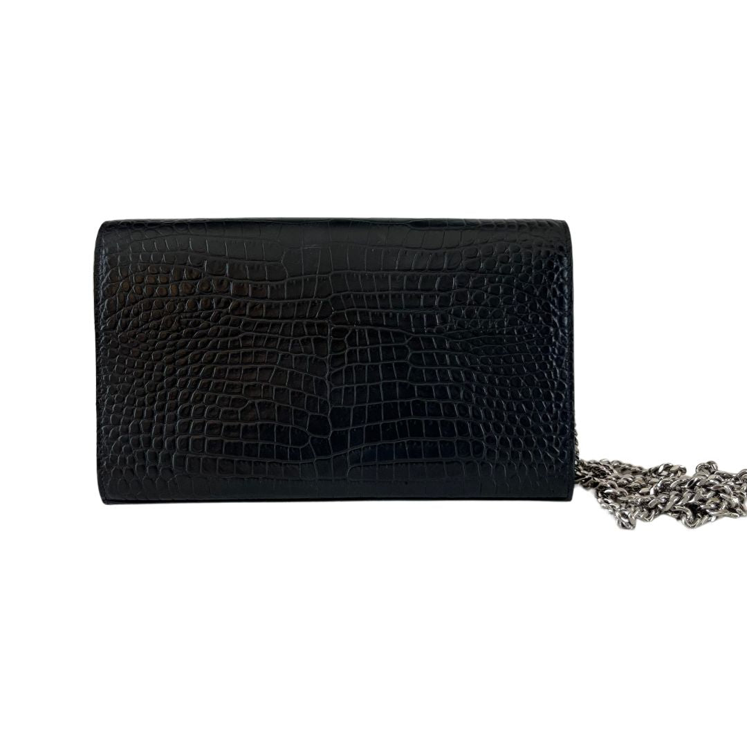 Saint Laurent Black Croc Embossed Kate Crossbody Bag