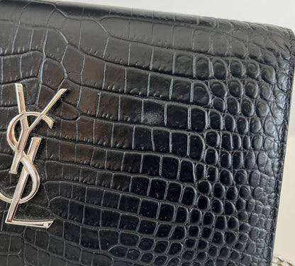 Saint Laurent Black Croc Embossed Kate Crossbody Bag