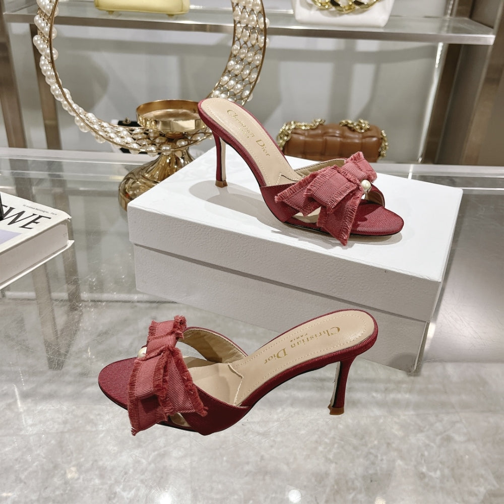 DIOR ADIORABLE HEELED SLIDE RED FRINGED GROSGRAIN