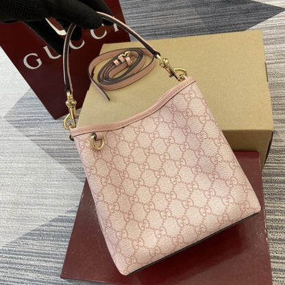 GUCCI GG EMBLEM SMALL BUCKET BAG LIGHT PINK COATED FABRIC 21CM 815118 FAD6L 8459