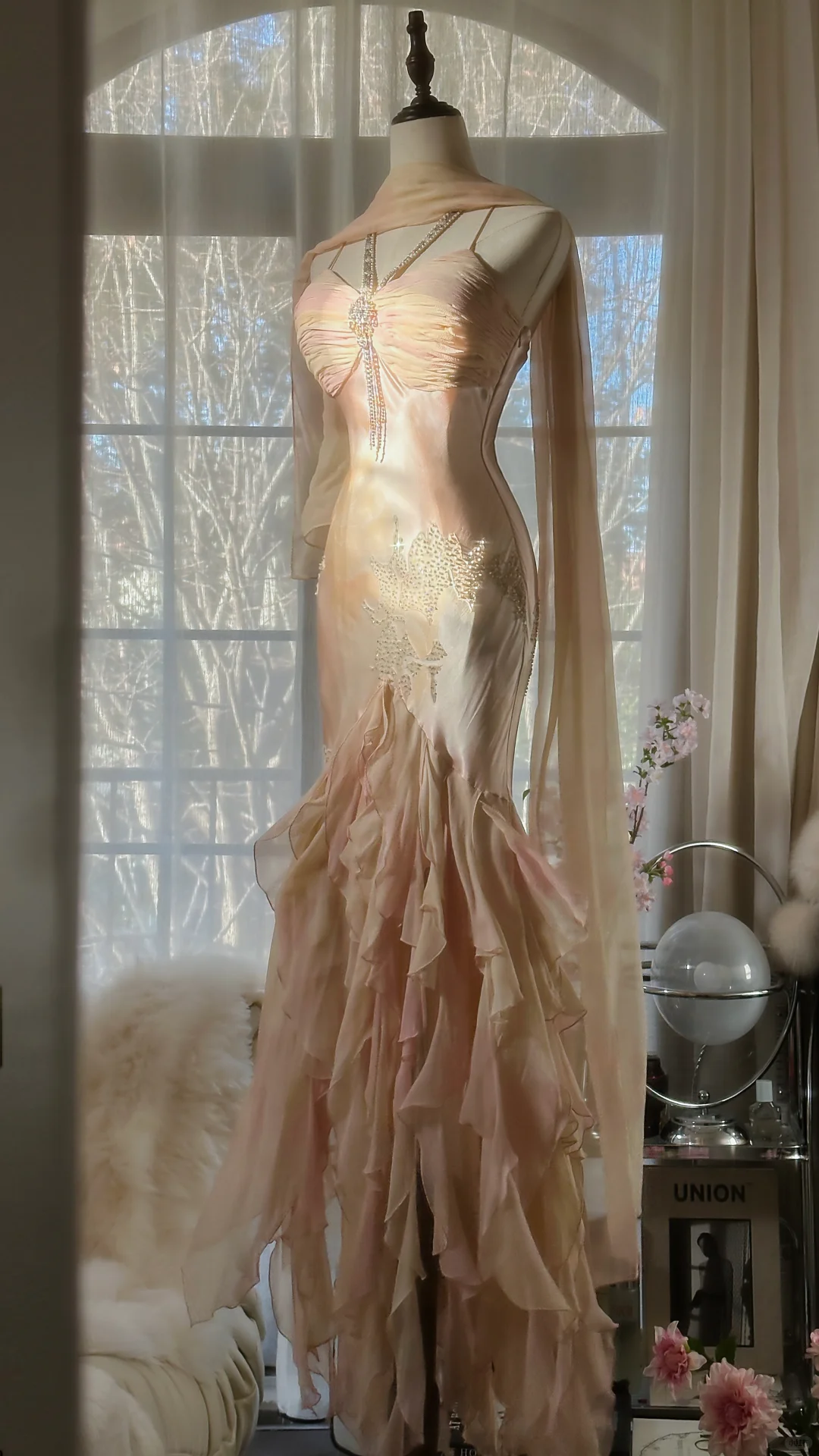 Vintage Mermaid Beaded Floral Design Romantic Chiffon Evening Dress Prom Dress D1512