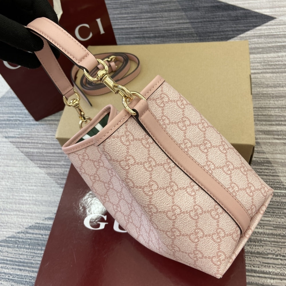 GUCCI GG EMBLEM SMALL BUCKET BAG LIGHT PINK COATED FABRIC 21CM 815118 FAD6L 8459