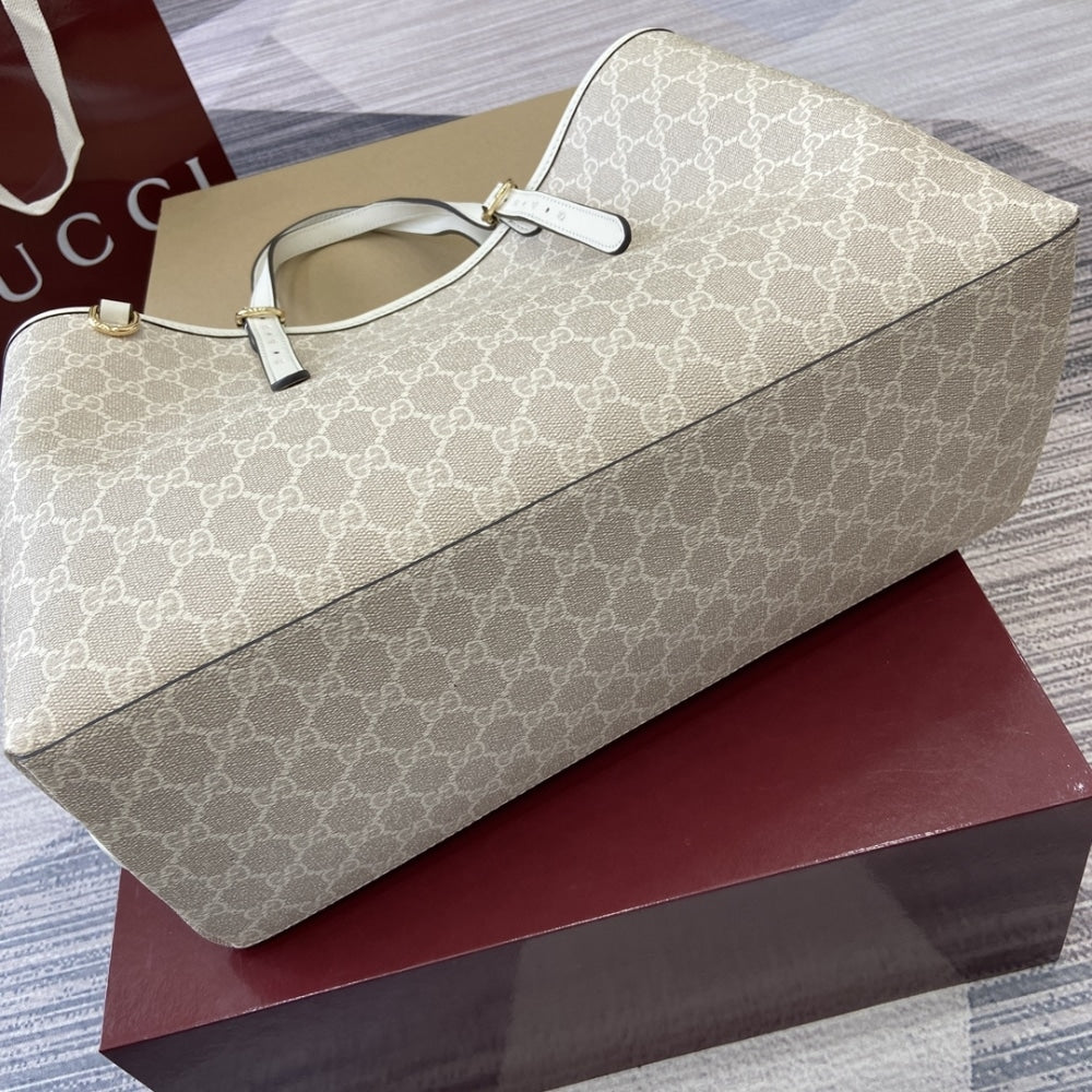GUCCI GG EMBLEM LARGE TOTE BAG BEIGE AND WHITE COATED FABRIC 38CM 815213 FAD6L 9641