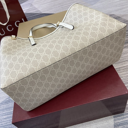 GUCCI GG EMBLEM LARGE TOTE BAG BEIGE AND WHITE COATED FABRIC 38CM 815213 FAD6L 9641