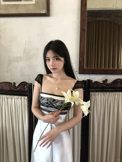 Vintage A Line Classic Lace Satin Long Prom Dress Date Dress SH5559