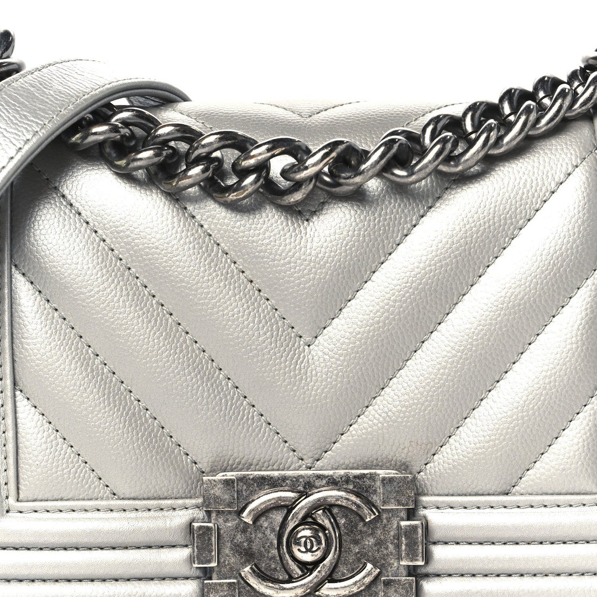 Metallic Caviar Chevron Quilted Small Boy Flap Silver