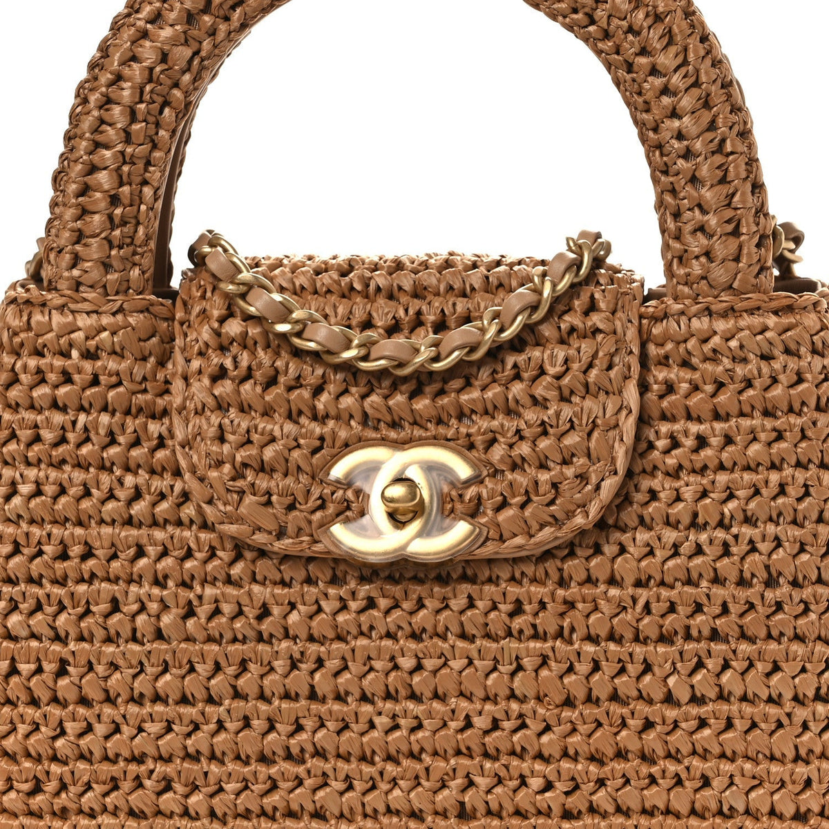 Braided Raffia Nano Kelly Flap Bag Dark Beige