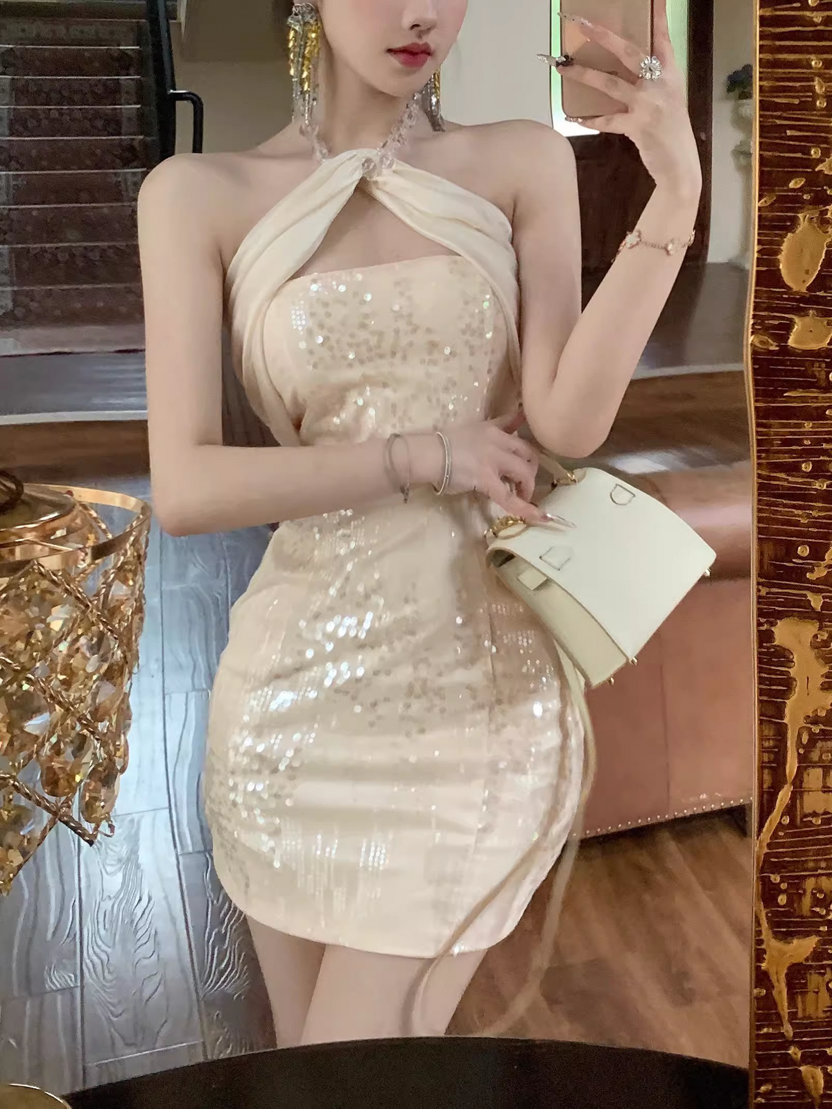 Fashion Champagne Sequin Design A-line  Party Halter Dress Homecoming Dress, D1395