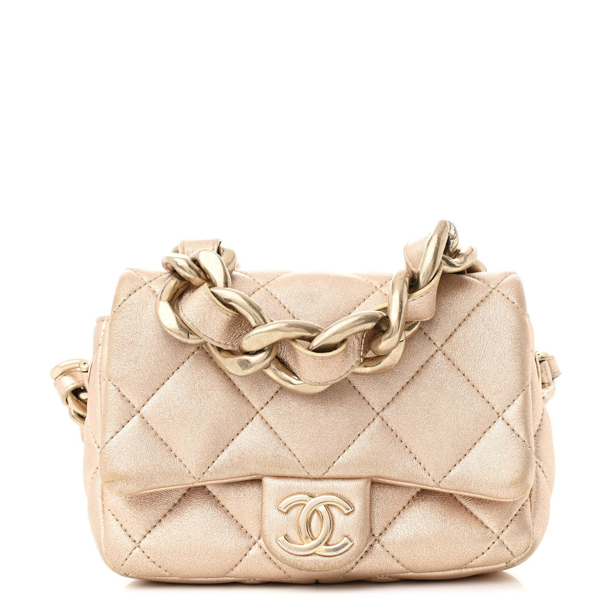 Metallic Lambskin Quilted Mini Lacquered Chain Flap Gold