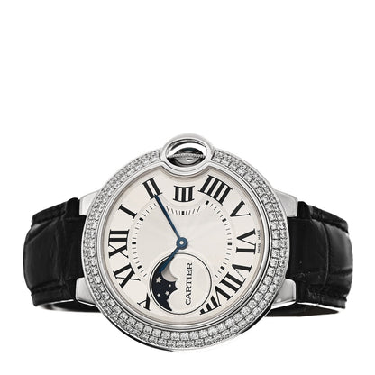 18K White Gold Diamond Pave Bezel 37mm Ballon Bleu De Cartier Moonphase Automatic Watch