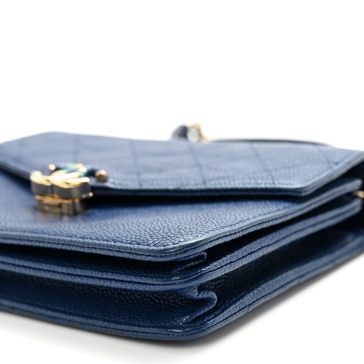 Grained Calfskin Quilted Cuba Square Wallet On Chain WOC Blue