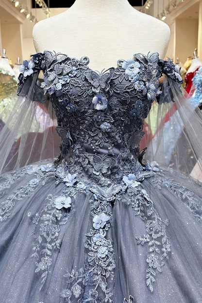 Grey Blue Off Shoulder Appliques Quinceanera Dress Sweet 16 Ball Gown MD7529
