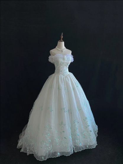 Fairy Strapless A-Line Tulle Embroidery Birthday Ball Gowns Quinceanera Dresses, D1147