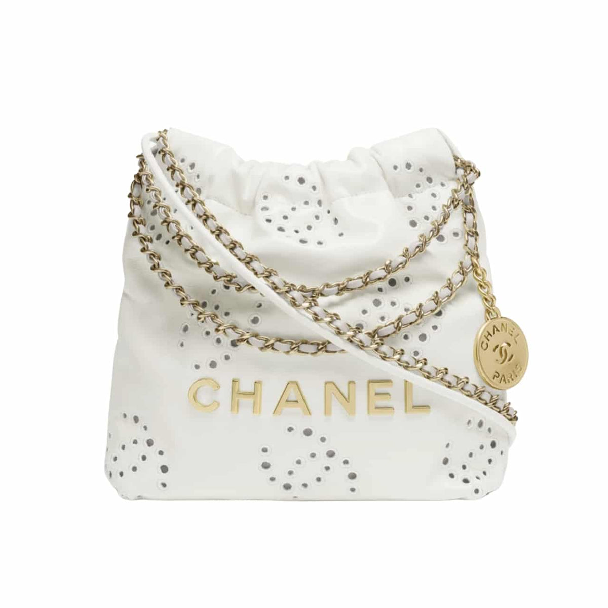 CHANEL 22 MINI HANDBAG SHINY AND GOLD TONE METAL WHITE AS3980 B19648 10601