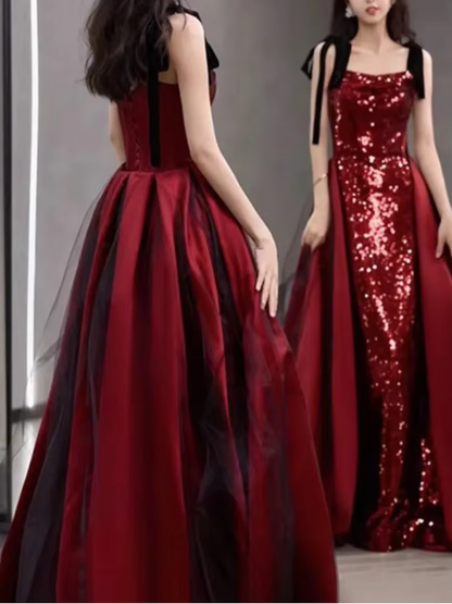 Stunning Wine Red Straps Sequins Mermaid Long Evening Party Dress MD7355