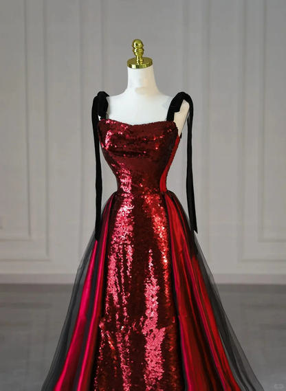 Stunning Wine Red Straps Sequins Mermaid Long Evening Party Dress MD7355
