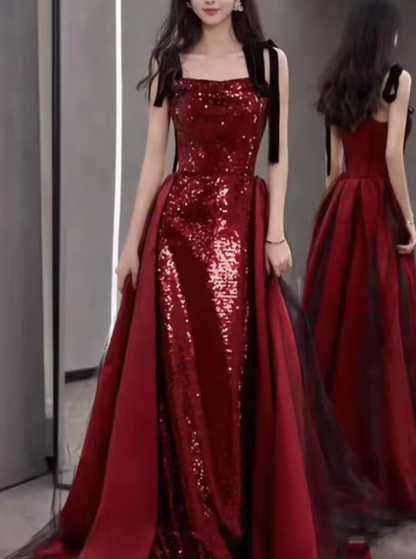 Stunning Wine Red Straps Sequins Mermaid Long Evening Party Dress MD7355