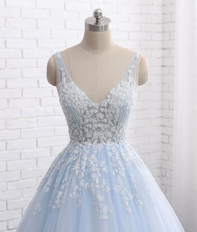 Blue v neck tulle lace long prom dress, blue evening dress M4854