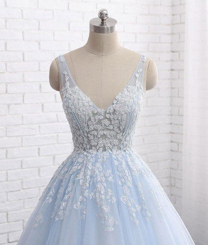 Blue v neck tulle lace long prom dress, blue evening dress M4854