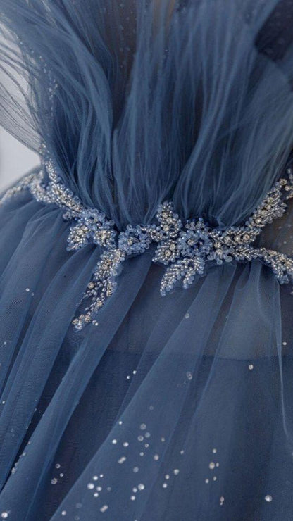 blue tulle sequin long prom dress M4985