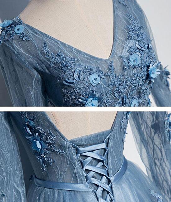 Blue v neck tulle lace long prom dress, tulle evening dress M4879
