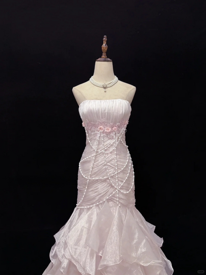 Light Pink Strapless Mermaid Chiffon Vintage Party Dresses Birthday Outfits, D1148