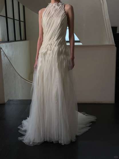 Unique A Line Ivory Layered Chiffon Tulle Long Prom Dress Wedding Dress SH4581