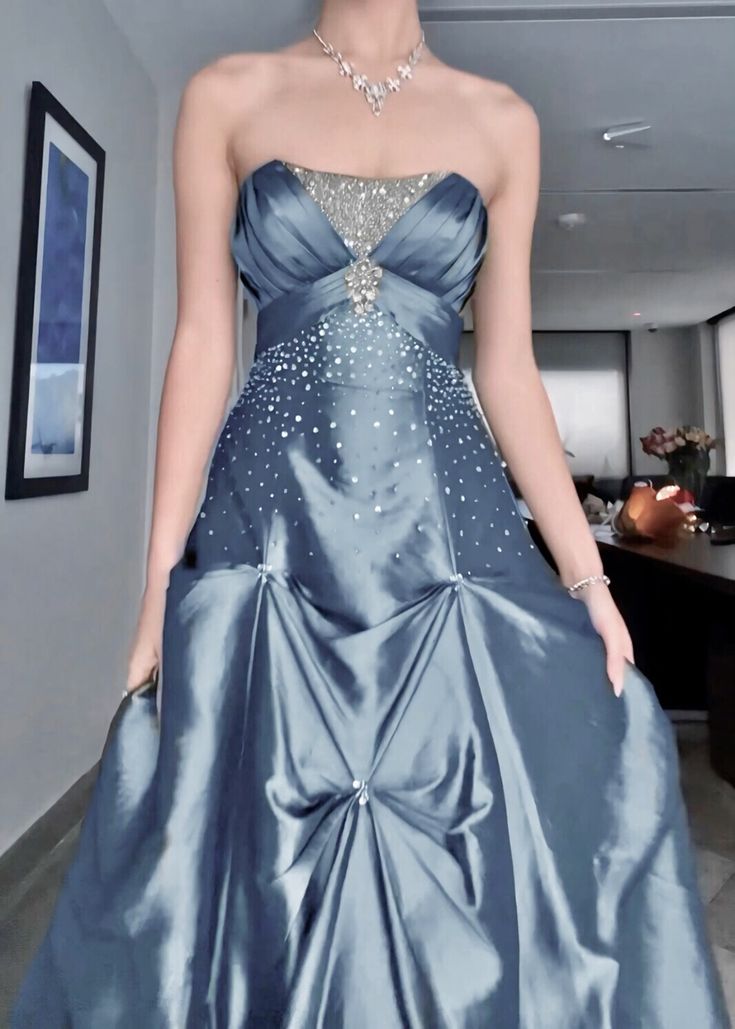 Vintage Ball Gown Strapless Beaded Green Satin Long Prom Dress Party Dress SH5538