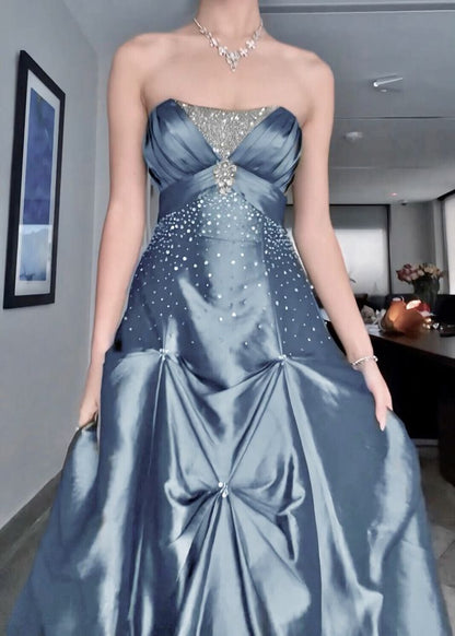 Vintage Ball Gown Strapless Beaded Green Satin Long Prom Dress Party Dress SH5538
