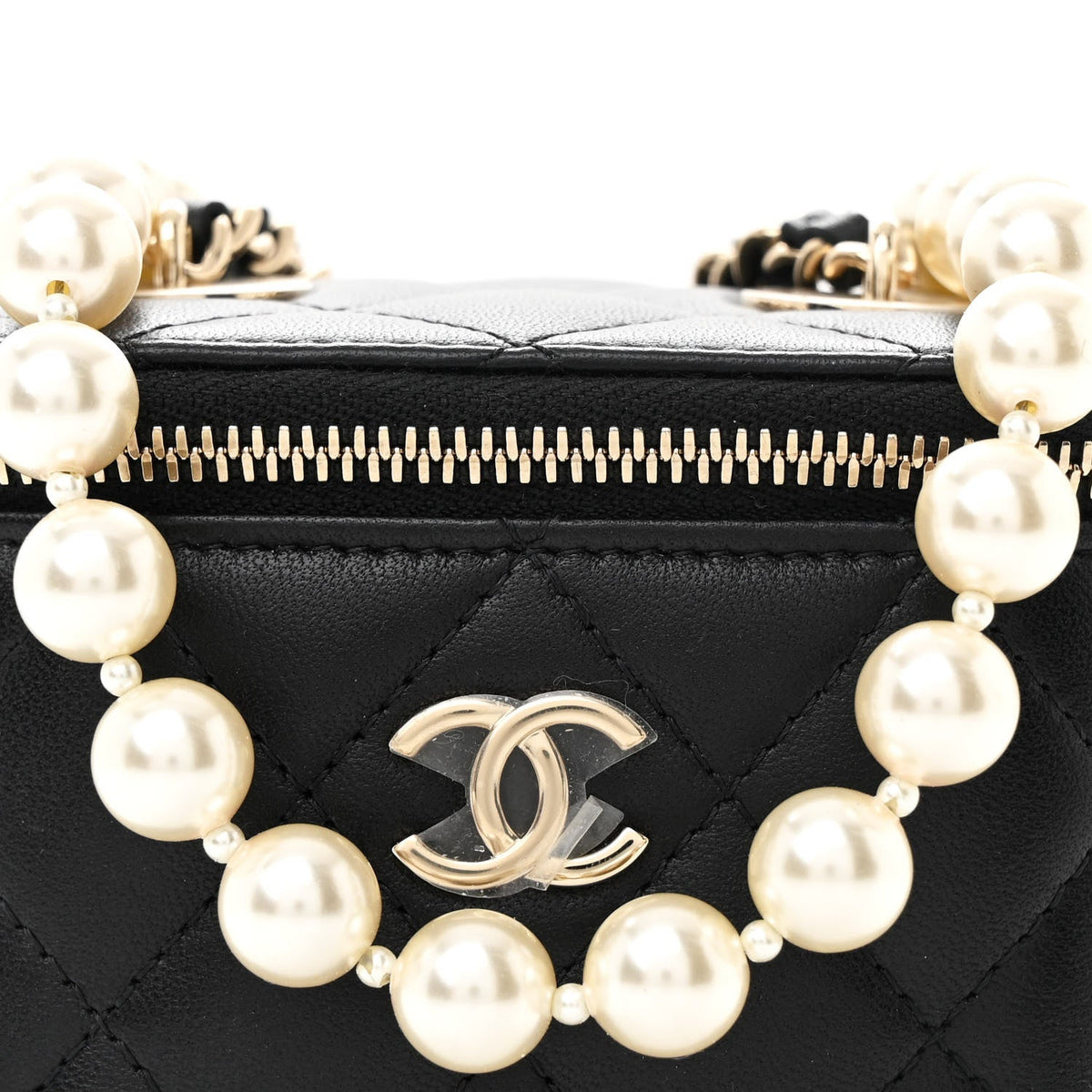Lambskin Quilted Mini Vanity Case With Pearl Chain Black