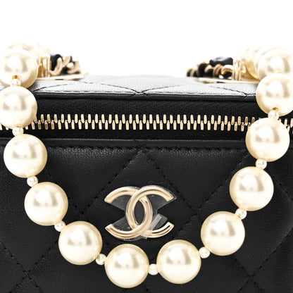 Lambskin Quilted Mini Vanity Case With Pearl Chain Black