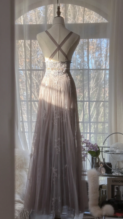 Vintage Light Purple Applique Design Romantic Chiffon Evening Dress Prom Dress D1511