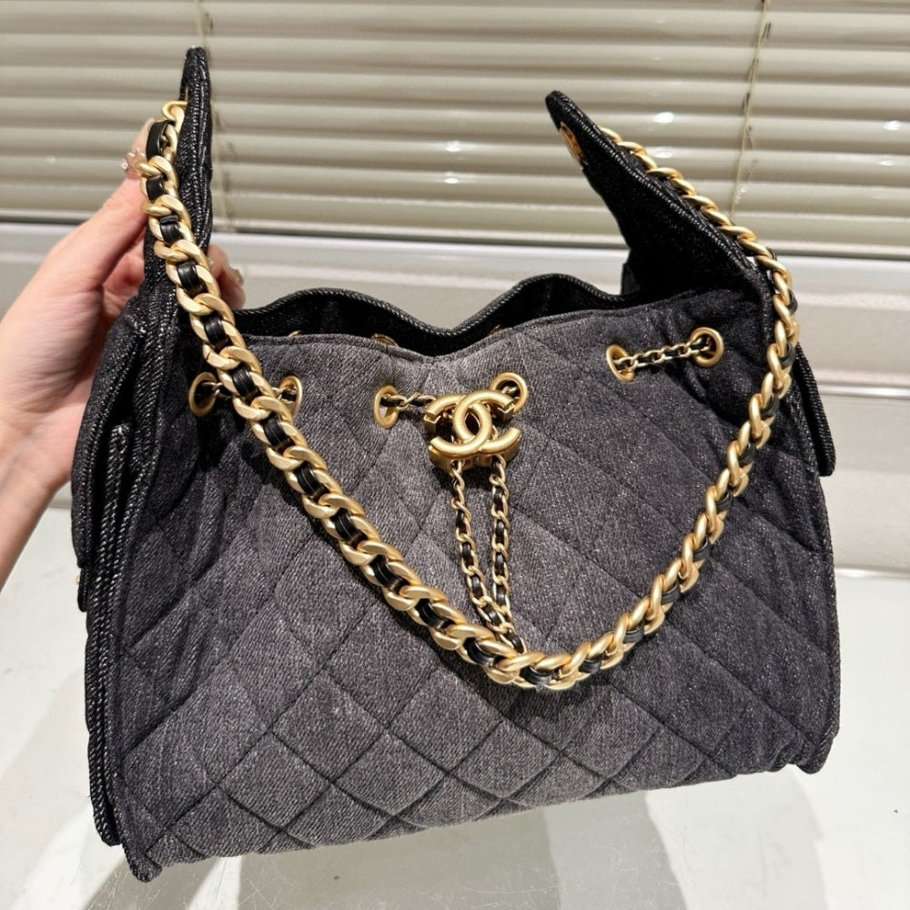 CHANEL 25 SMALL HANDBAG WASHED DENIM BLACK 30CM AS5293 B20520 U0725