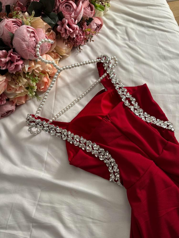 Wine Red Spaghetti Straps Sheath Long Evening Party Dress MD7367