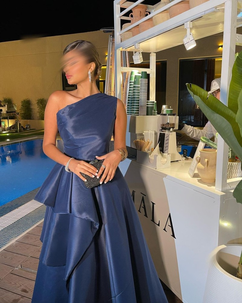 Navy Blue One Shoulder A-Line Satin Long Formal Evening Party Dress MD7824