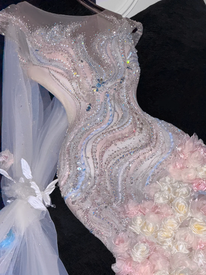 Gorgeous Sparkling Beaded Sequin Mermaid 3D Flowers Design Tulle Evening Dress Prom Dresses D1634