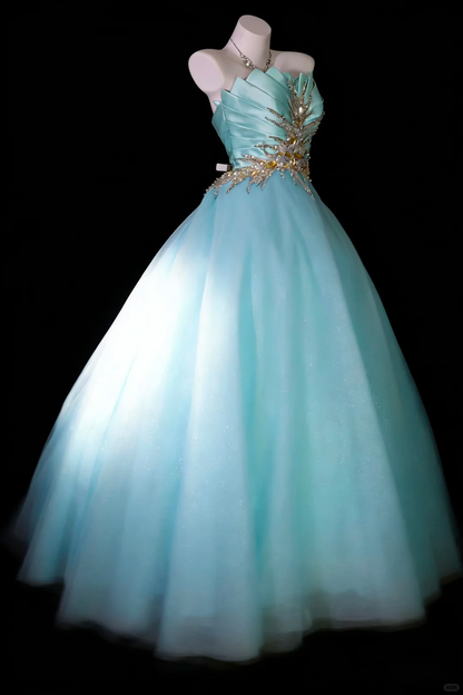 Vintage Blue A Line Strapless Pleated Beaded Satin Tulle Long Graduation Prom Dress SH5288